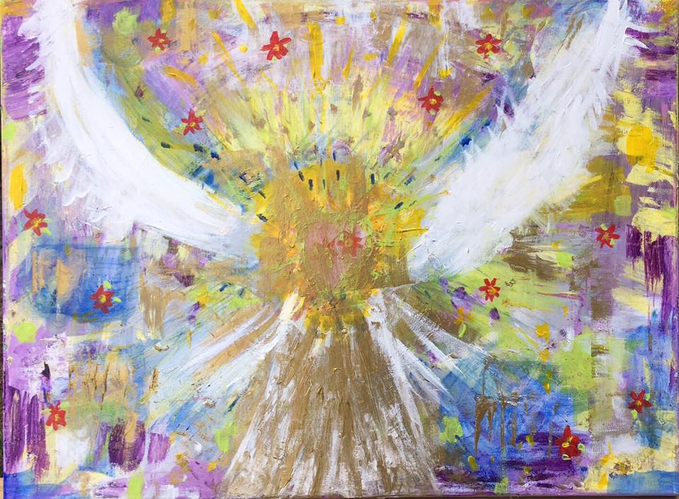 Abstract painting with vibrant colors, featuring white wings and red flowers. Dynamic brushstrokes create a sense of movement and light.