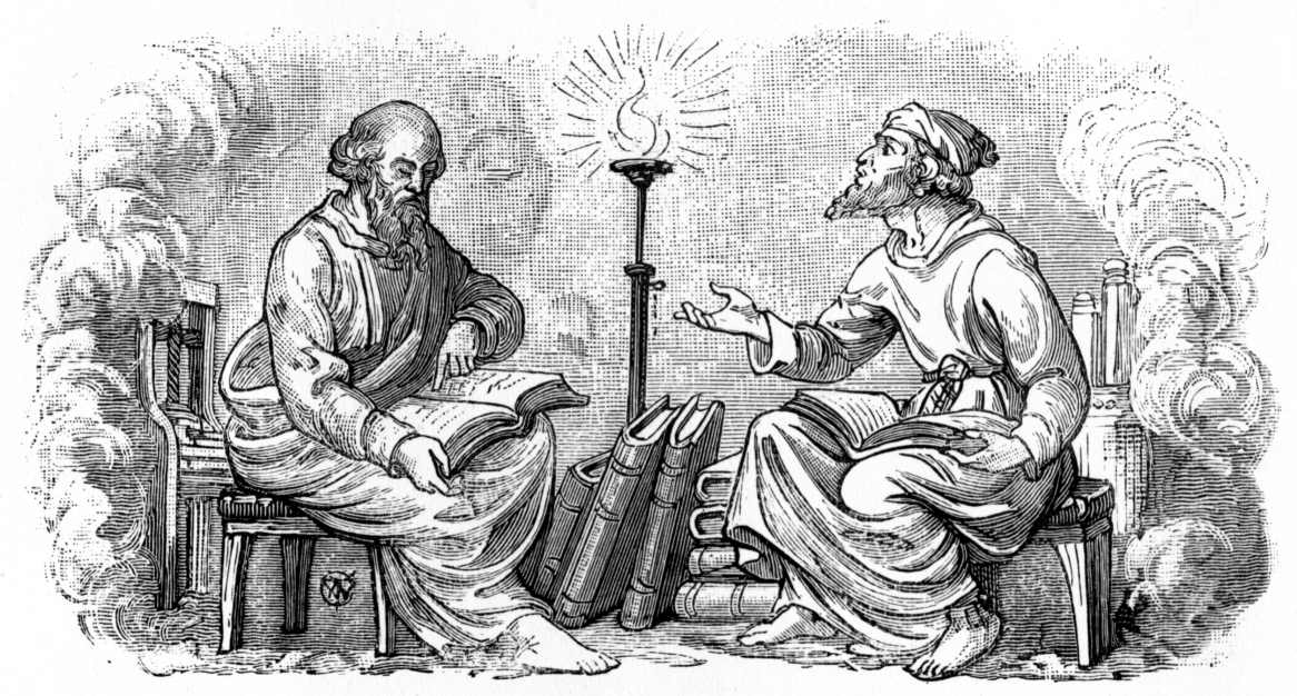 Two persons engaged in discussion, surrounded by books, sitting under a symbolic lamp. The image is an illustrative, intellectual exchange.