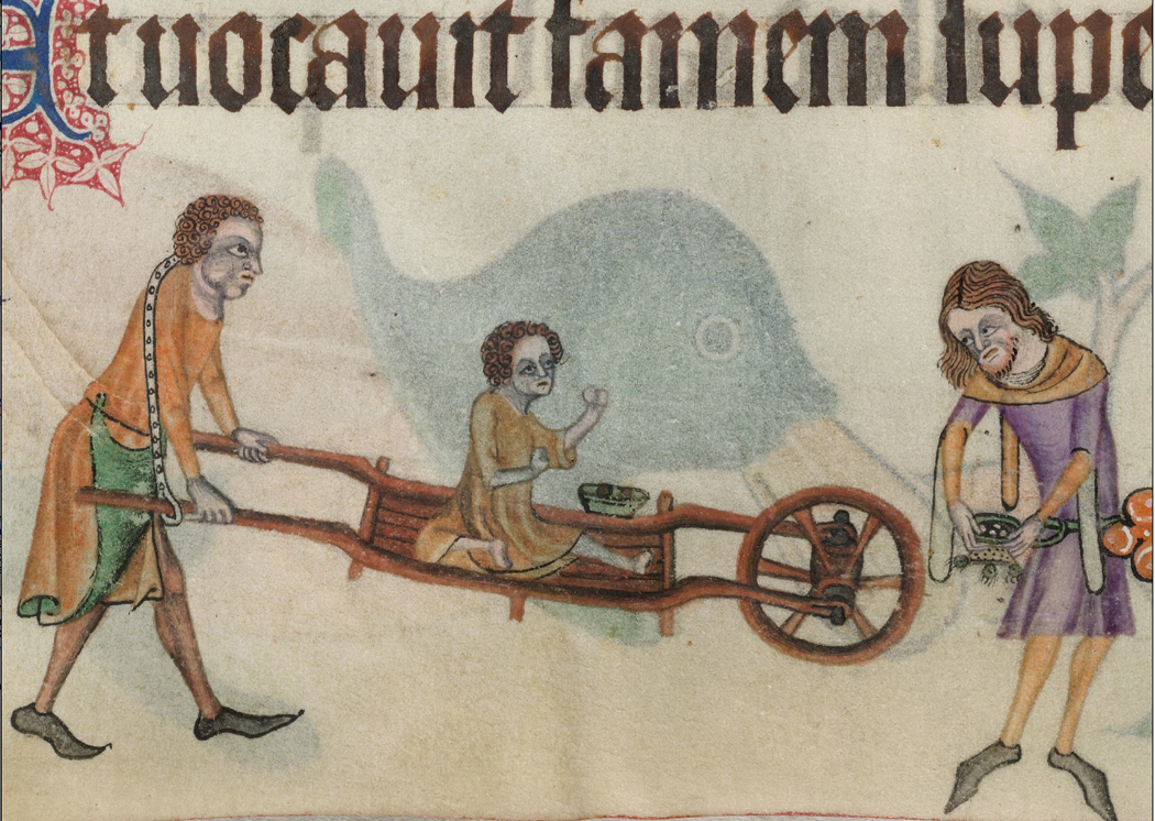 Medieval illustration shows three people: one pulling a wheelbarrow, another sitting with a bowl, and the third presenting an object. Whale-like creature behind.