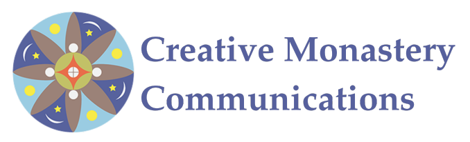 Colorful circular logo with geometric patterns and text: "Creative Monastery Communications" in blue font, conveying a modern and creative design aesthetic.