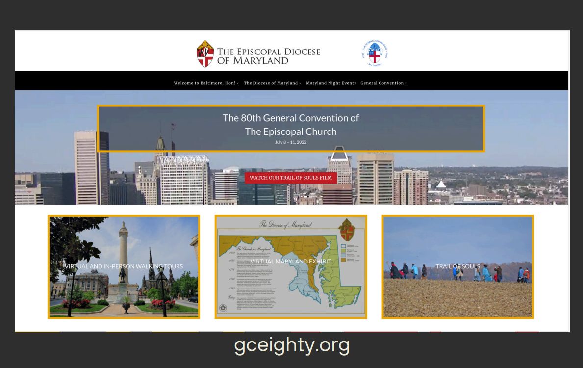 The webpage showcases the 80th General Convention of The Episcopal Church with Baltimore skyline, Washington Monument, and various event details.