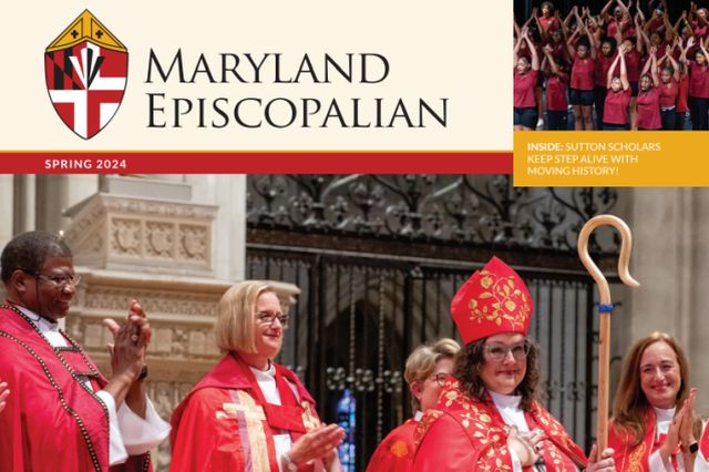 People in red religious attire gather indoors, appearing celebratory. The setting includes ornate architectural details, possibly within a cathedral. Clergy members are present.