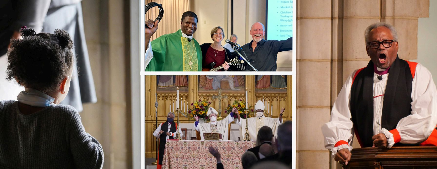 Photo collage A church scene with a choir, clergy celebrating, and a child observing. People are engaged in joyful religious activities and ceremonies.