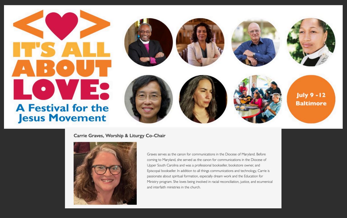 Flyer for "It's All About Love: A Festival for the Jesus Movement" in Baltimore, featuring six people and music performers, July 9-12.
