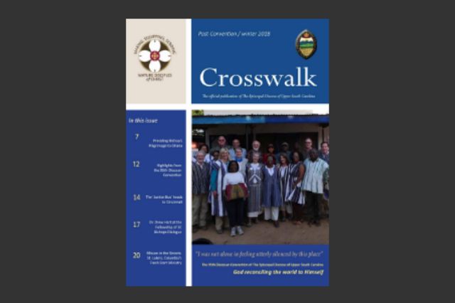 Magazine cover titled "Crosswalk" featuring a group of people in traditional attire. Contains text about various articles. Blue and white color scheme.