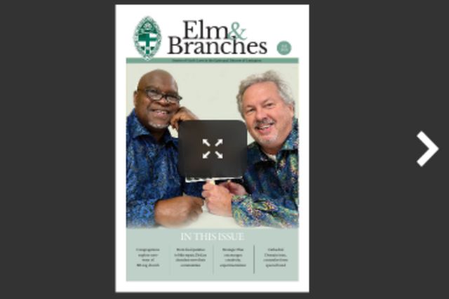 Two people smile on the cover of "Elm & Branches" magazine, wearing patterned shirts, with article highlights listed below.