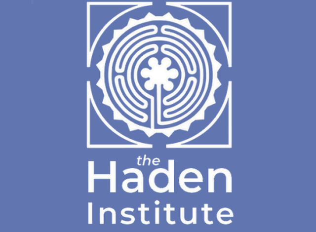 Logo of The Haden Institute featuring a stylized labyrinth design with white text on a blue background. No people or landmarks visible.