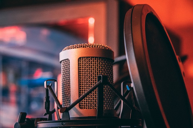Close-up of a studio microphone with a pop filter, set in a warmly lit recording room, possibly for podcasting or music production.