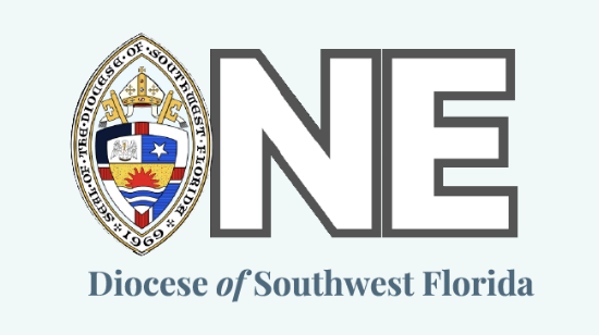Emblem of the Diocese of Southwest Florida beside the word "ONE" on a light blue background, representing unity and faith.