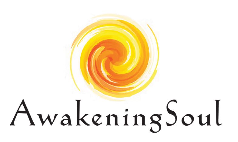 Yellow and orange spiral design above the text "AwakeningSoul" in stylized font. Simple, vibrant logo with a spiritual or energetic theme.