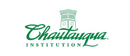 The image features the logo of Chautauqua Institution, with elegant green lettering and a stylized building icon above.
