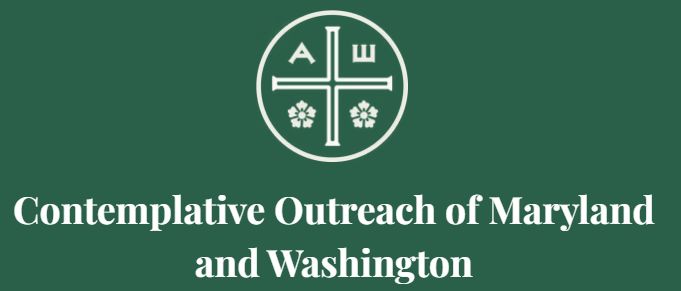 Green logo features a cross with symbols and flowers, representing Contemplative Outreach of Maryland and Washington. Text below describes the organization.