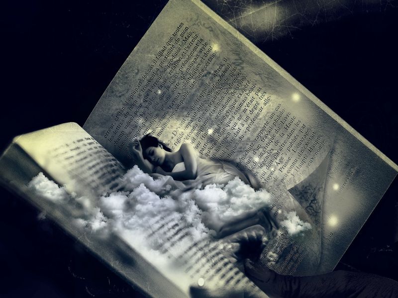 A person lies on clouds within an open book, blending dream-like elements with ethereal lighting and a celestial atmosphere.