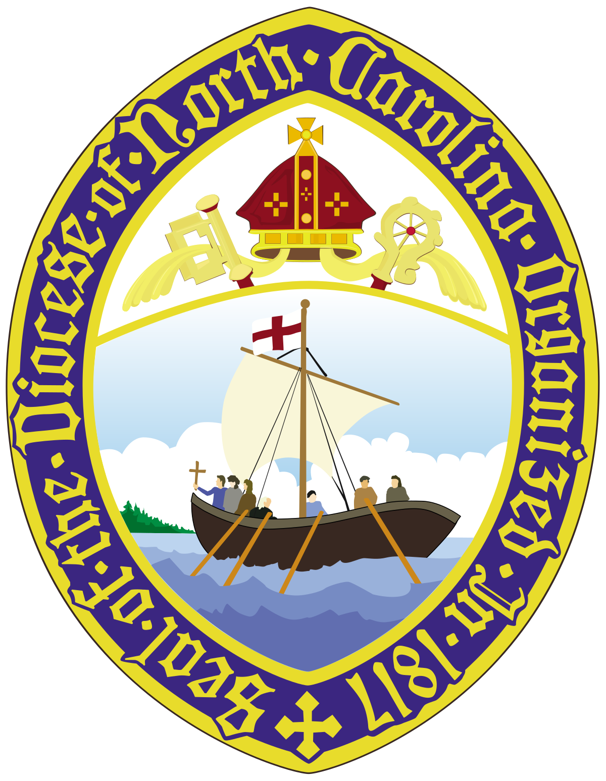 This is the seal of the Episcopal Diocese of North Carolina, featuring a ship with people rowing, surrounded by a decorative border and text.